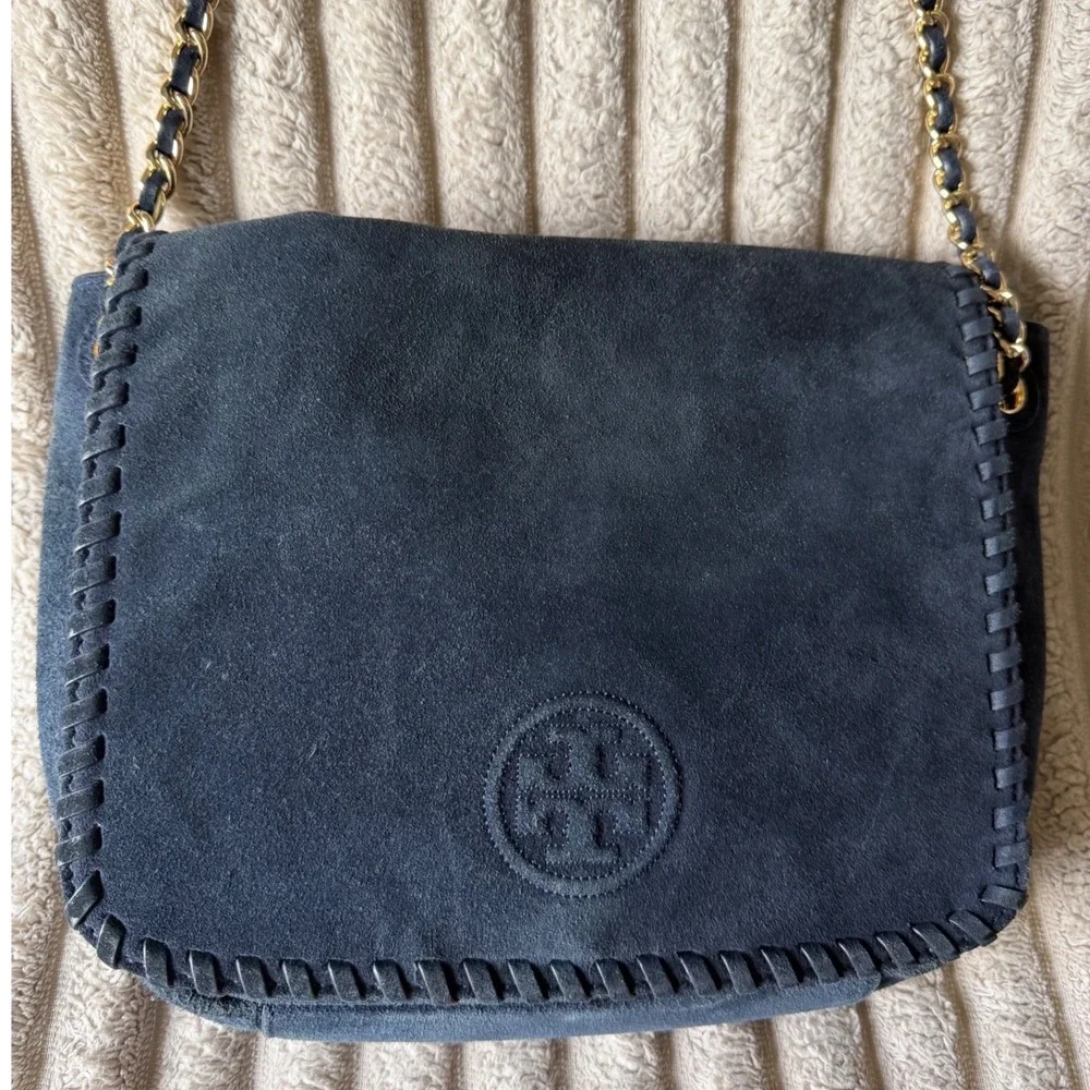 Tory Burch Marion Navy Blue Suede Whipstitch Chain Crossbody Bag